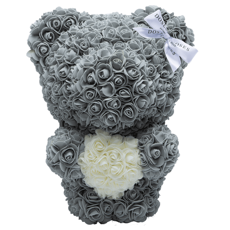 Grey Love Heart Standing Rose Bear