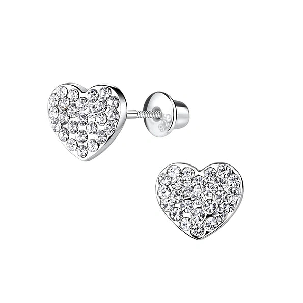 Children's and Teens' Earrings: Sterling Silver, CZ Encrusted Hearts with Screw Backs