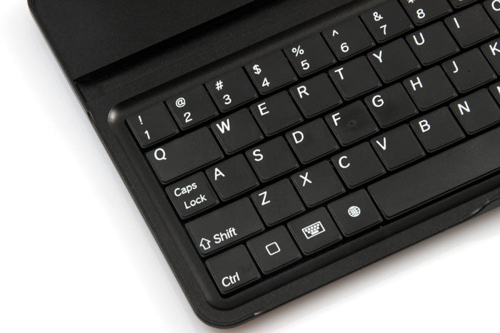 Details of he chocolate keys on the black 3 in 1 aluminum keyboard case for iPad Mini