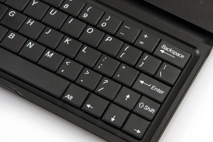 Details of he chocolate keys on the black 3 in 1 aluminum keyboard case for iPad Mini