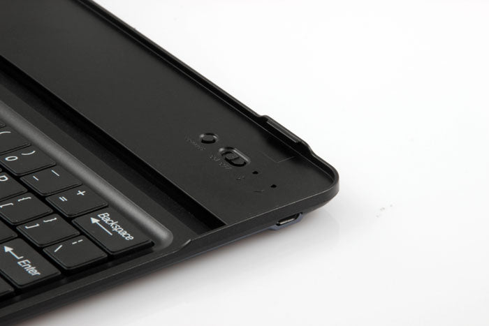 Indicators and switches of the black 3 in 1 aluminum keyboard case for iPad Mini