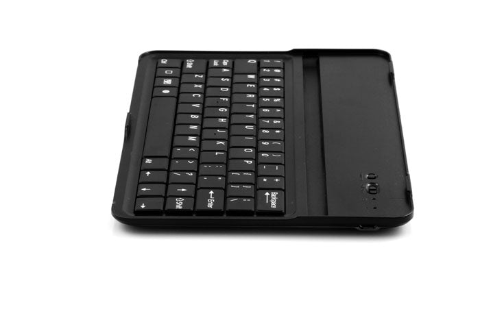 Details of he chocolate keys on the black 3 in 1 aluminum keyboard case for iPad Mini