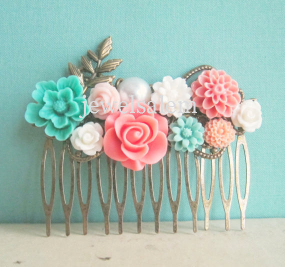 Mint Green Coral Wedding Hair Comb Peach Pink Aqua Turquoise Flower Floral Head Piece Bridal Hair Pin Pastel Colors Bridesmaid Gift