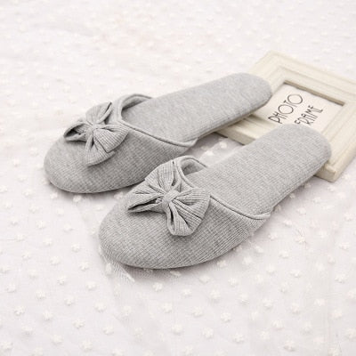 Gktinoo Lovely Bowtie Winter Women Home Slippers For Indoor Bedroom House Soft Bottom Cotton Warm Shoes Adult Guests Flats