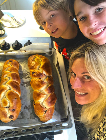 Nicole and the boys with Challah Bread