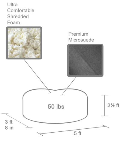 A diagram showing our 5 ft Oval Gigantic Bean Bag Lounger, displaying the measurements, weight, and brief description of the materials.