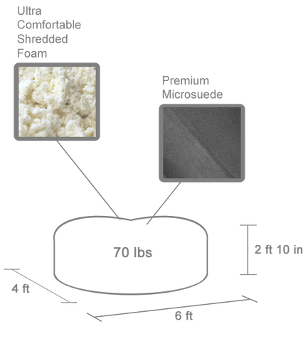 A gray on white diagram of the 6 ft. ft Oval Bean Bag Lounger, with measurements, weight, and description