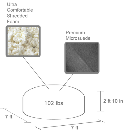 Gray outline showing the dimensions of the 7 ft. Bean Bag with 7 ft x 7 ft x 2 ft 10 in measurements and it's weight of 102 lbs