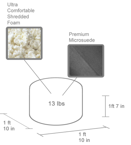 Bean Bag Ottoman dimensions diagram. Showing the measurements of 1 foot 10 inches, by 1 foot 10 inches, by 1 foot 7 inches. Displays the weight of 13 pounds, and labels showing that it is filled with foam and covered in microsuede.