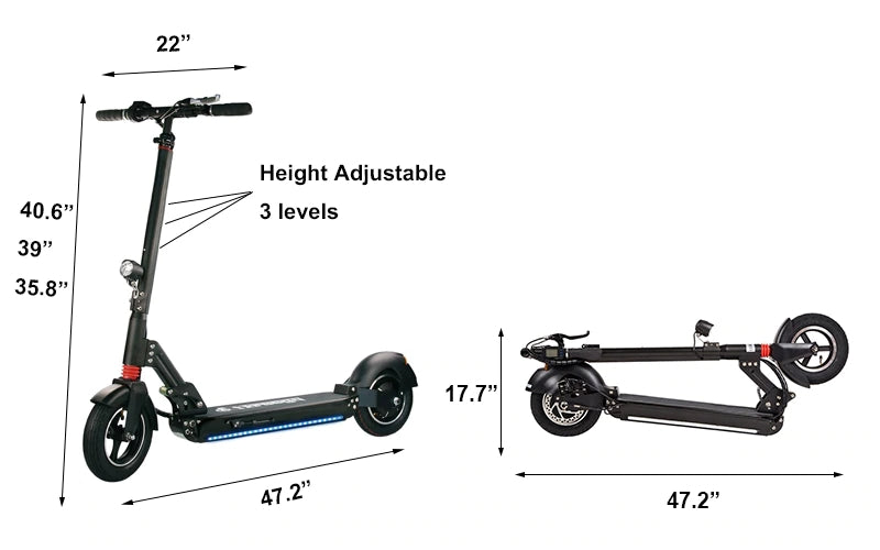 FreeGo 800W 48V 10.4Ah Foldable Electric Scooter with 10-Inch Wheels Dimensions