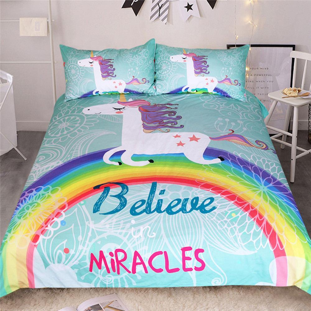 White Unicorn Bedding Set King Size Long Hair Horse Duvet Cover