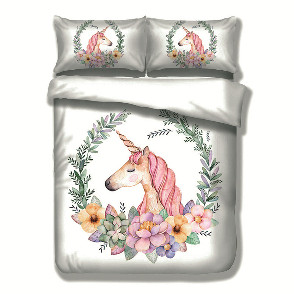 White Unicorn Bedding Set King Size Floral Horse Duvet Cover Set