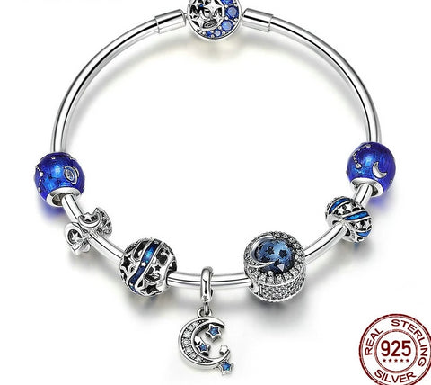 925 Sterling Silver Star Moon Blue Enamel Bracelet