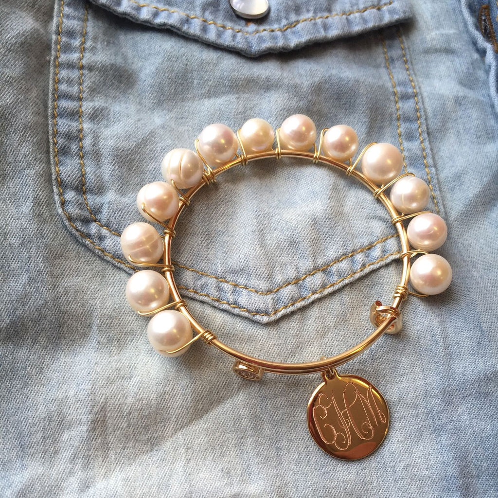 Monogram Pearl Wrapped Adjustable Bangle Bracelet – I Love Jewelry