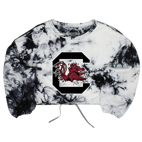 University of South Carolina Endzone Tie-Dye Crop Pullover in Black & White