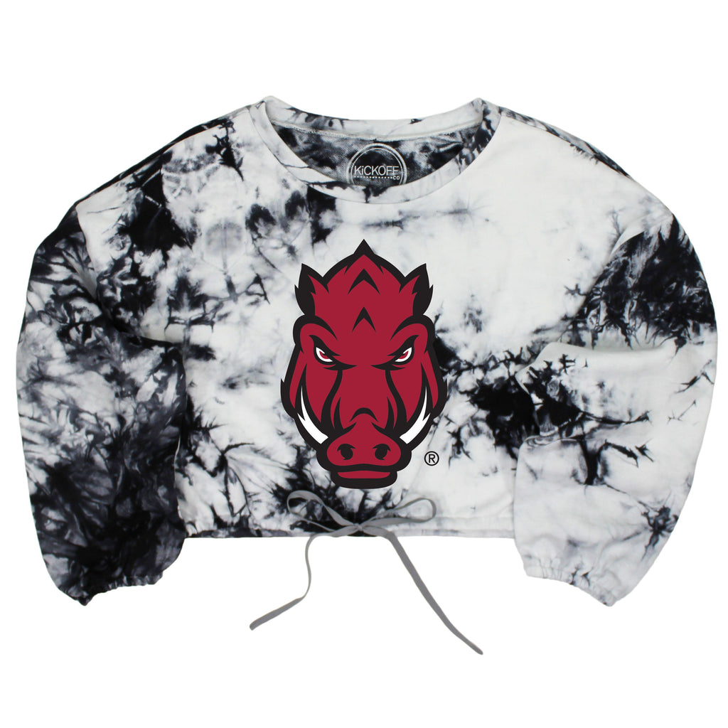 University of Arkansas, Fayetteville Endzone Tie-Dye Crop Pullover in Black & White