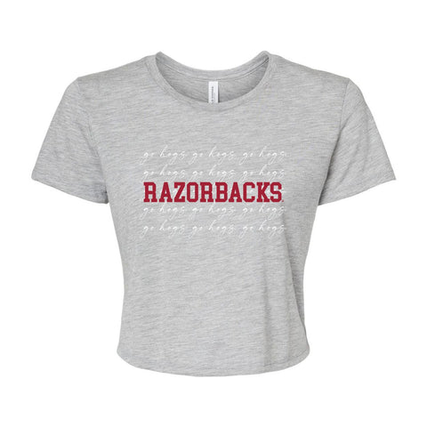 University of Arkansas, Fayetteville College Script Crop Short Sleeve T-shirt in Gray