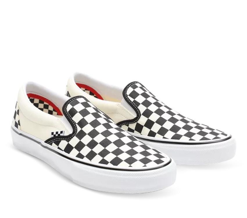 all white checkered slip on vans