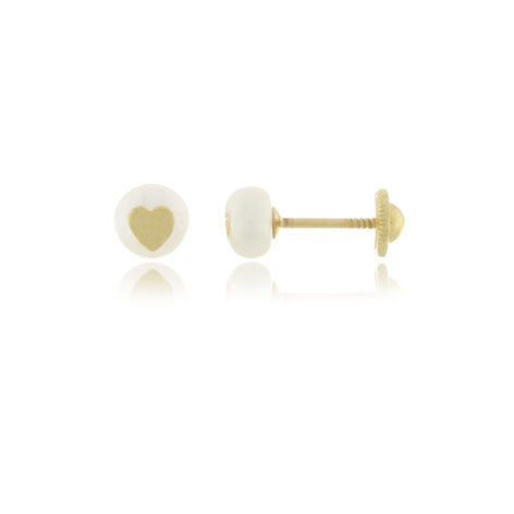 18K Gold Pearl with Heart Screw Back 