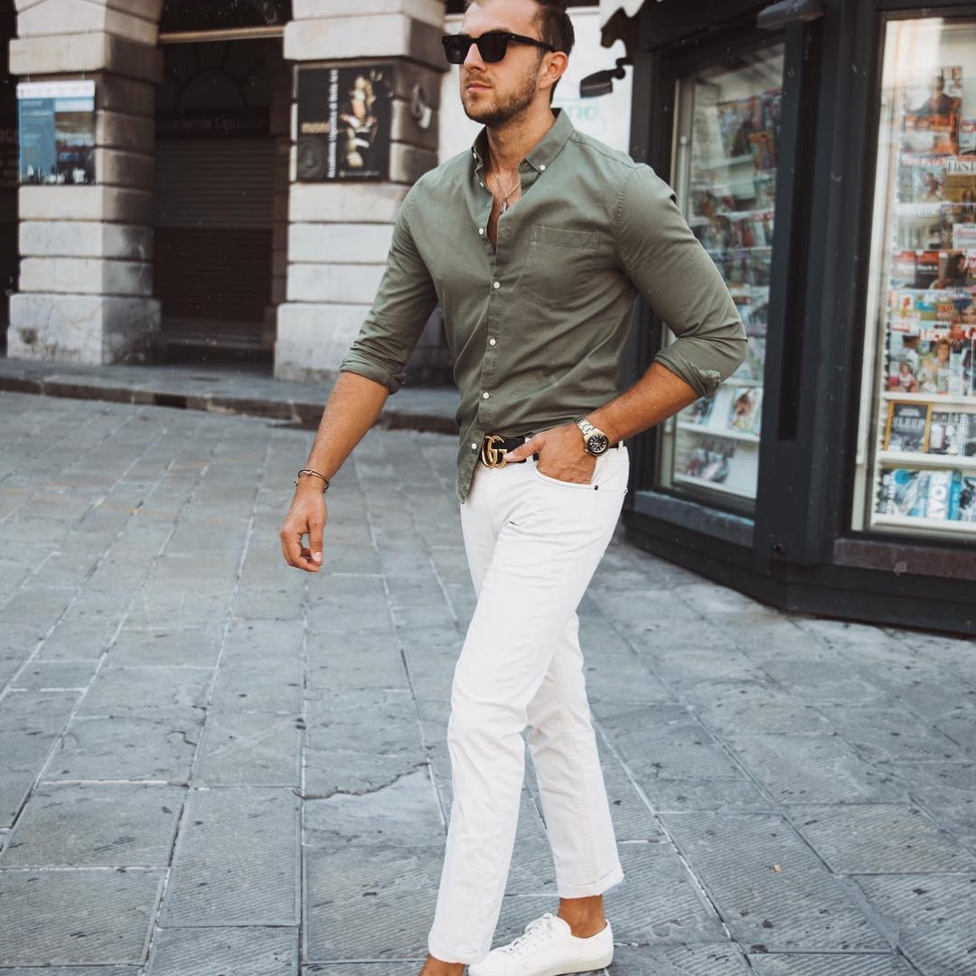 white trousers outfit mens