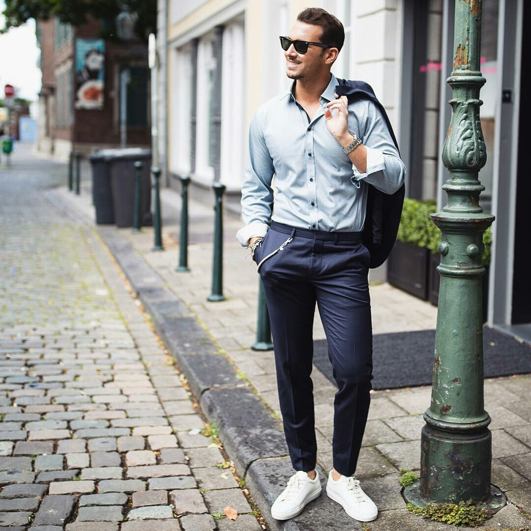 outfits with navy blue shirt