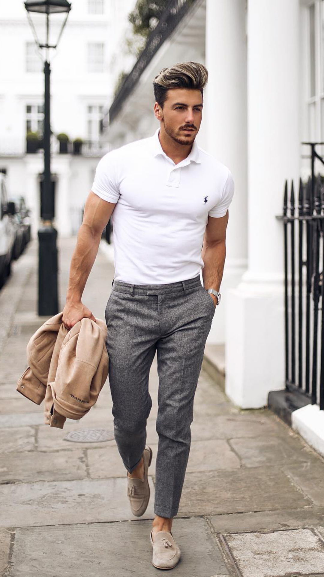 White Polo Shirt Outfit Ideas For Men #poloshirt #shirt #outfitideas #mensfashion #streetstyle 