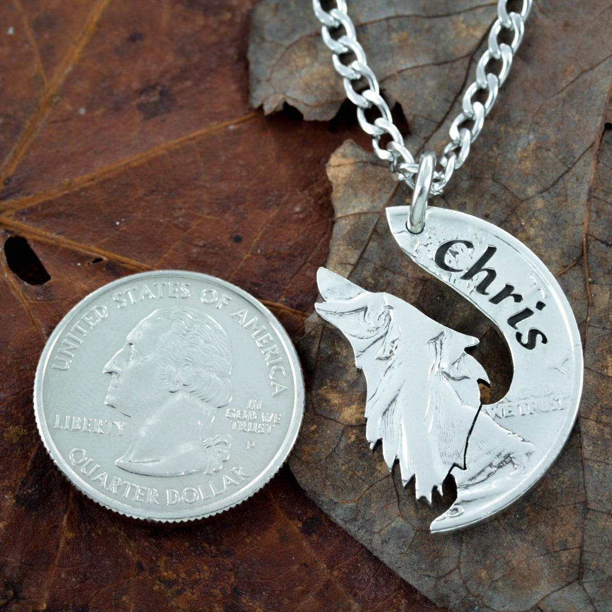 Howling Lone Wolf Necklace with Names Engraved