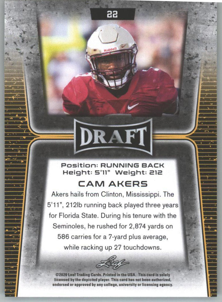 2020 Leaf Draft Football Cam Akers Rookie Card 22 Florida State Seminoles Rb