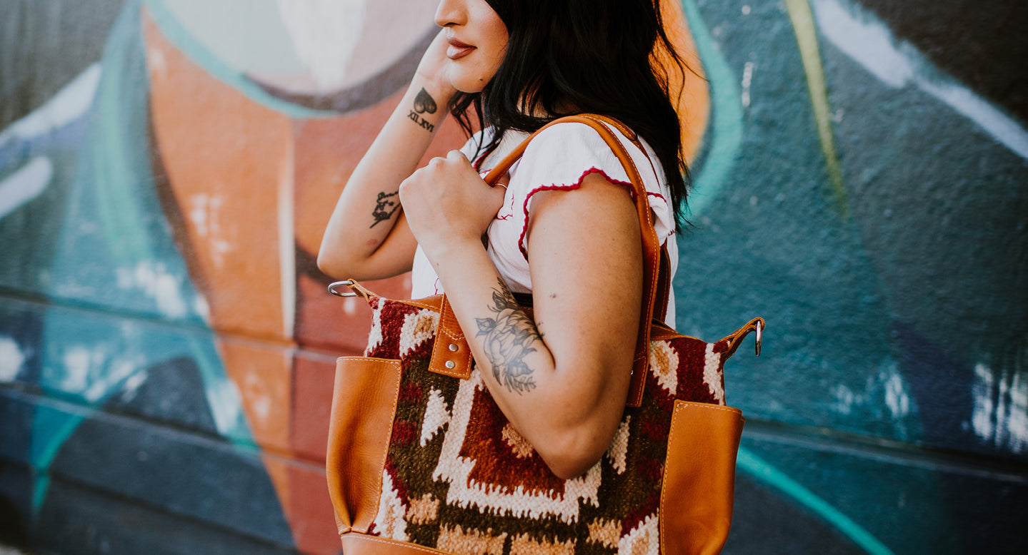 Emiluna Chameleon Convertible. Tan leather, Guatemalan Wool. Handbag, crossbody, and backpack