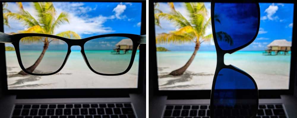 MagLock Sunglasses have polarized lenses which can be demonstrated with a laptop screen