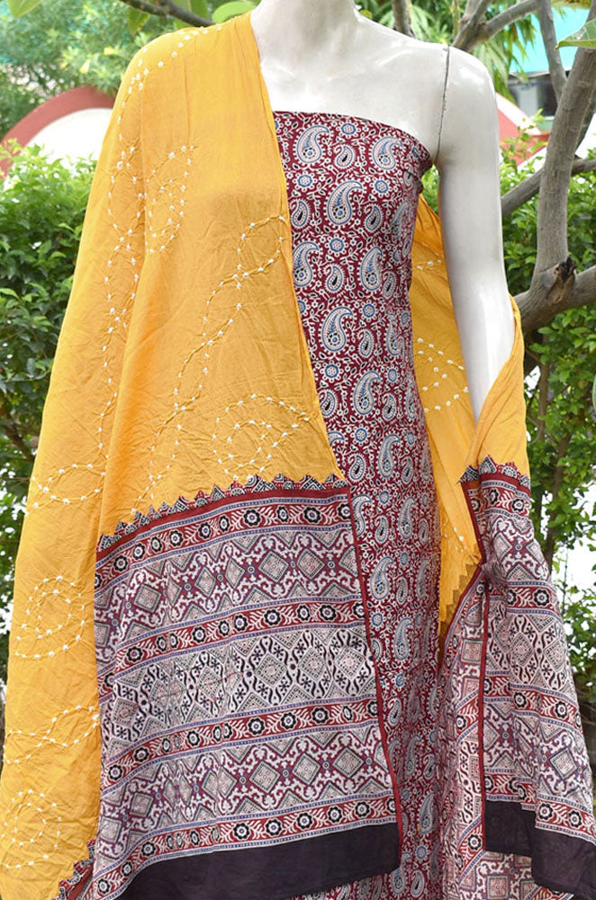 Beautiful Bandhani Ajrakh Mul dupatta & cotton kurta fabric set