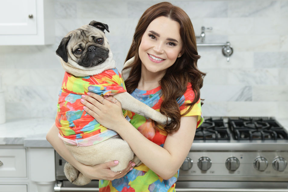 Rosanna Pansino holding Doug the Pug