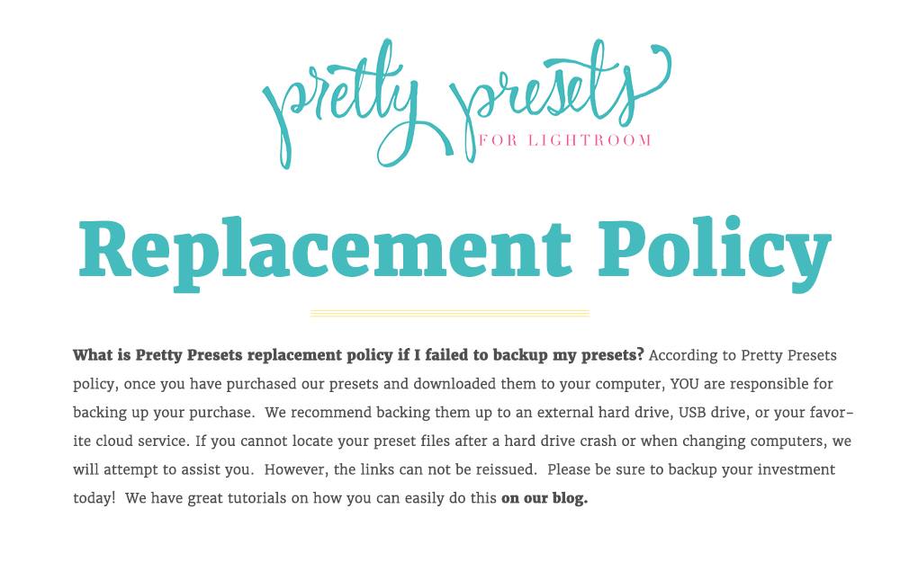 Pretty Presets for Lightroom Replacement Policy