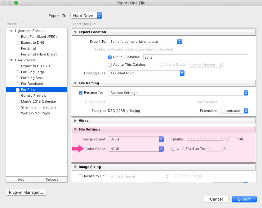 What color space settings to use in Lightroom