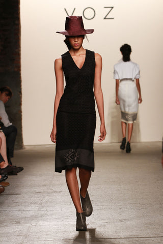 Look 10: Esthe, Cura Dress in black linen eyelet, with hand-loomed pima cotton and alpaca textile