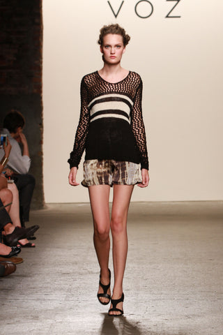 Look 11: Victoria, Jacky Sweater hand knit black and white pima cotton Ko Racer Shorts in artisanally dyed sueded charmeuse silk