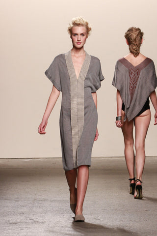 Look 19: Caroline, Dress Kuru in organic grey voile with hand-loomed pima cotton and alpaca textile
