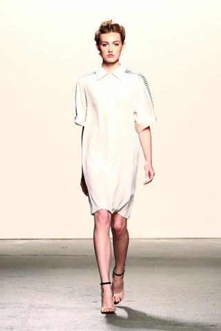 Lineas Shirt Dress in cream silk with hand-loomed pima cotton and alpaca textile.