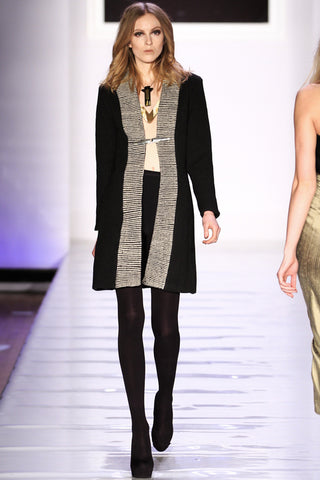 Look 12: Alex| Linear jacket, black/white 100% wool hand loomed with handcrafted brooch