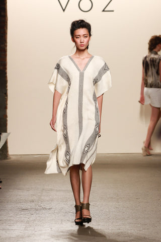 Look 5: Lu, High Nina Dress hand-loomed ivory pima cotton with baby alpaca diamond detail