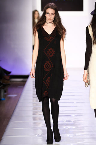 Look 6: Julia| V dress, black / wine 100% baby alpaca, hand loomed vine symbols