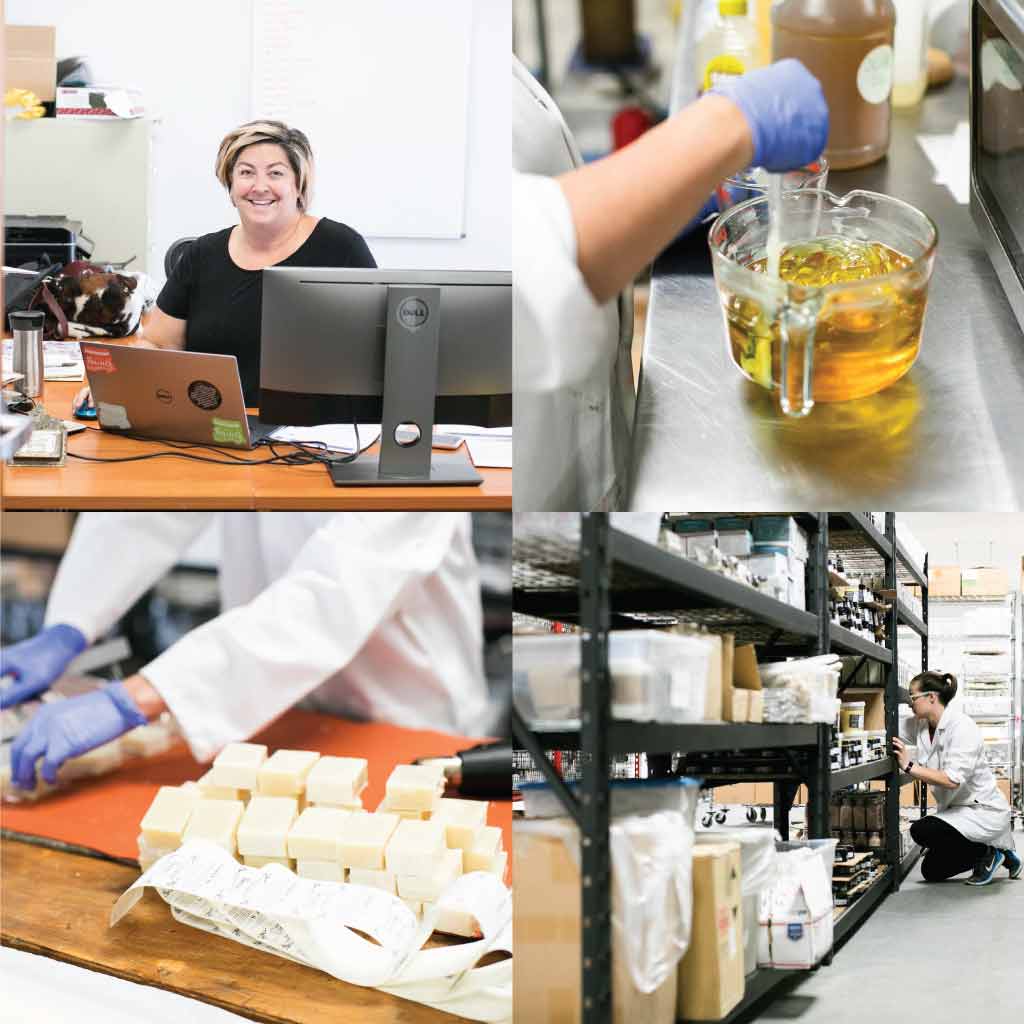 Collage of the CEO's office, mixing Lip Balm, packaging soap, and product on shelves