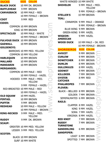 Glass bird eye color and size chart - www.schoepferseyes.com