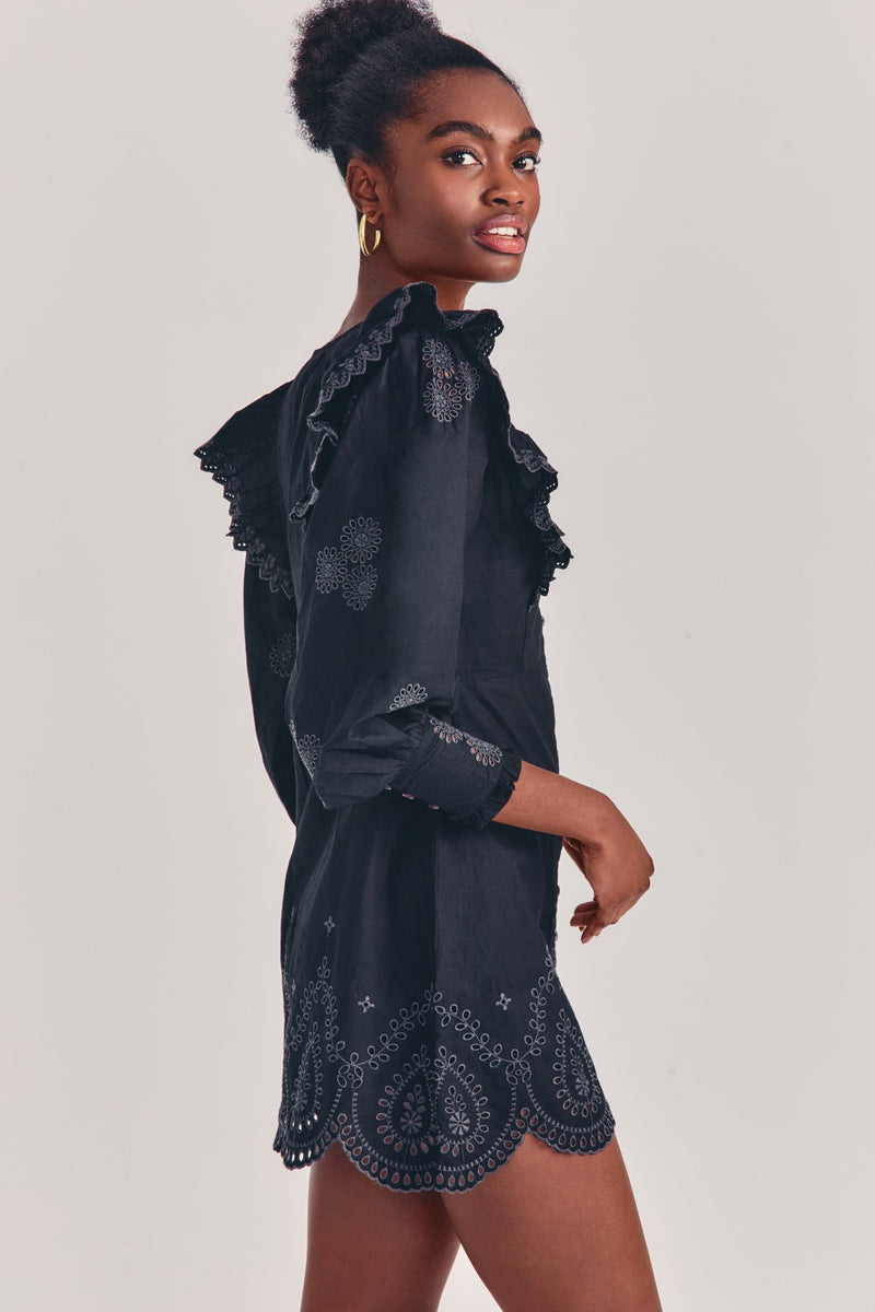 Black Mini Dress with Schiffli Embroidery | Black Cotton Mini Dress