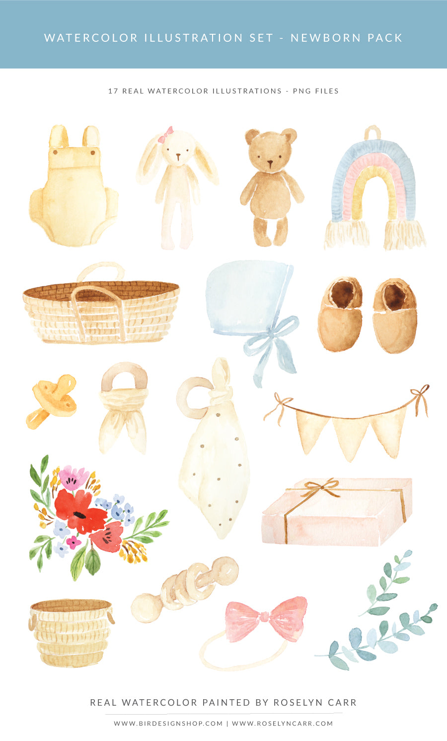 Watercolor Illustrations pack - PNG files - newborn and baby theme