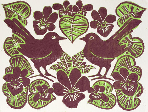 blackbird and violets lino print louise slater