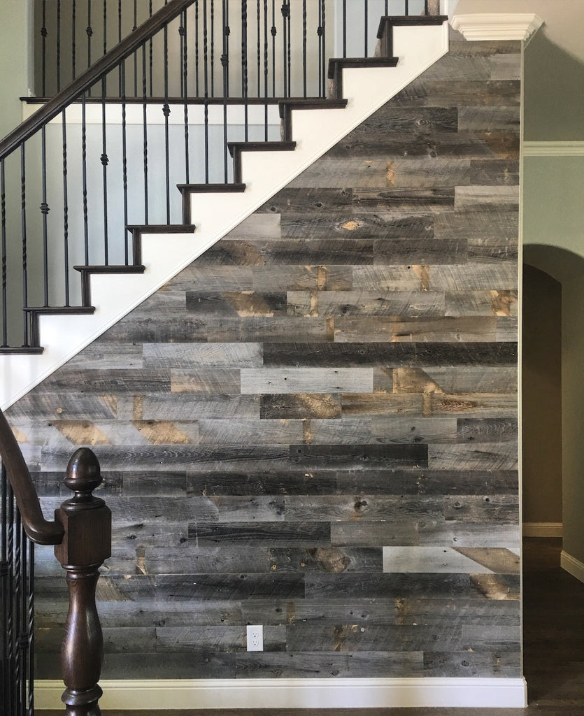 Staircase clad in Reclaimed Weathered Wood Stikwood