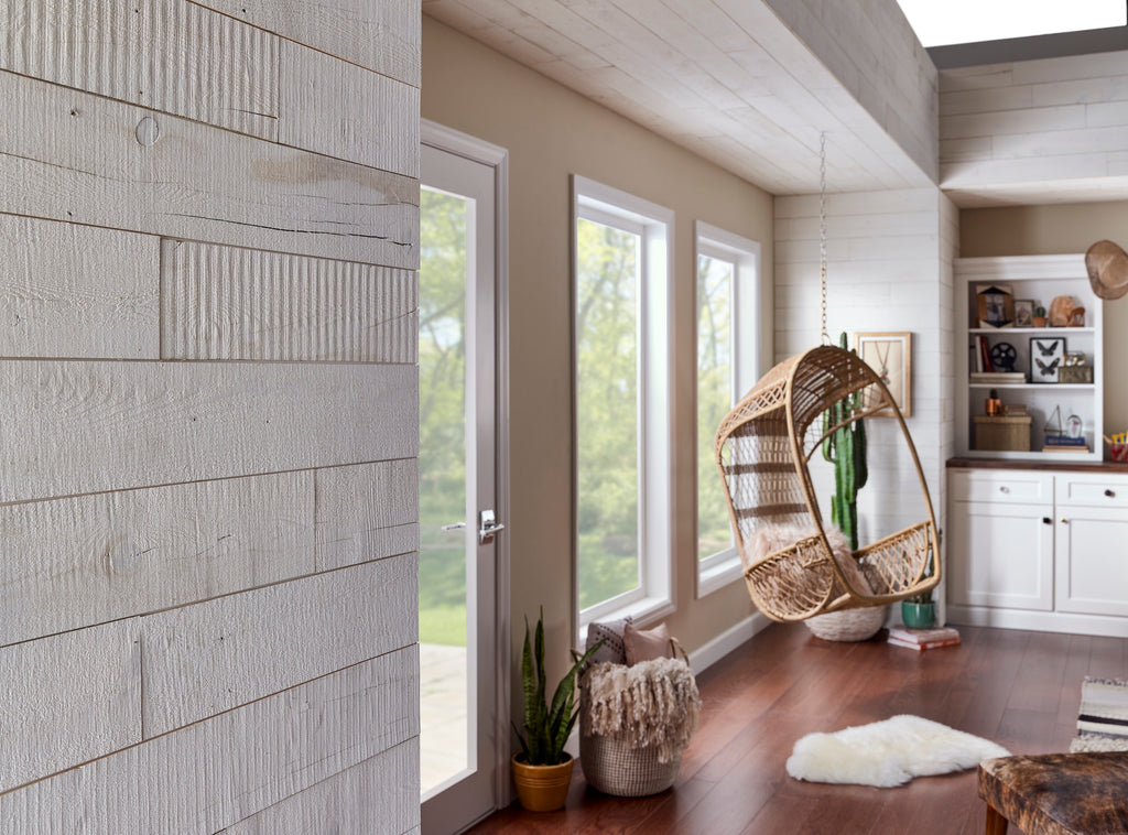 Hamptons peel and stick shiplap adds texture and interest to the walls in this large family room.