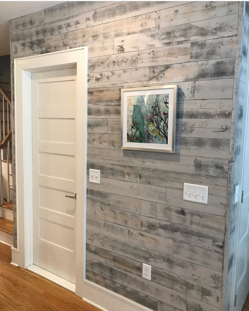 Peel and stick shiplap in Reclaimed Weathered Wood White adds rustic appeal to contemporary kitchen hallway
