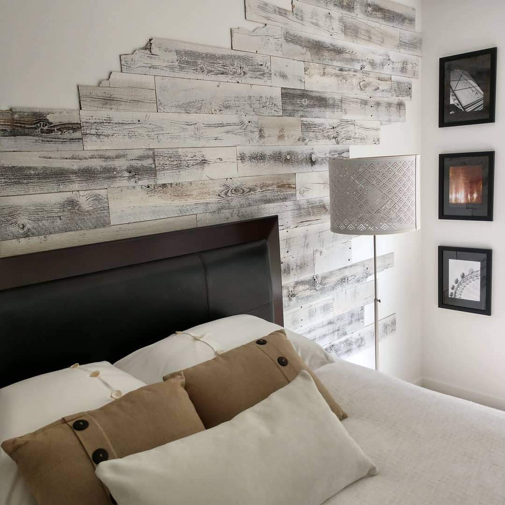 Stikwood design on a headboard wall using reclaimed weathered wood white